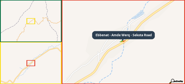 Map showing the address of Ebbenat - Amde Werq - Sekota Road in three different zoom levels.