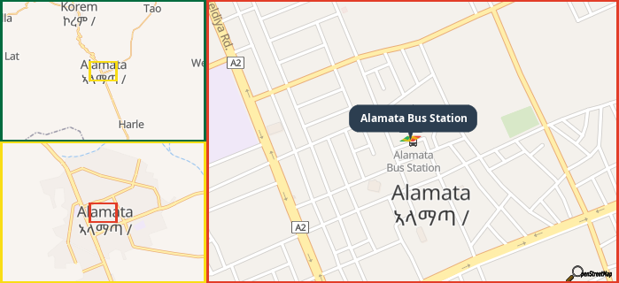 Map showing the address of Alamata Bus Station in three different zoom levels.