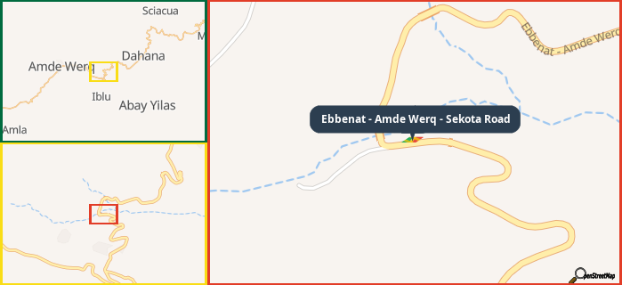 Map showing the address of Ebbenat - Amde Werq - Sekota Road in three different zoom levels.