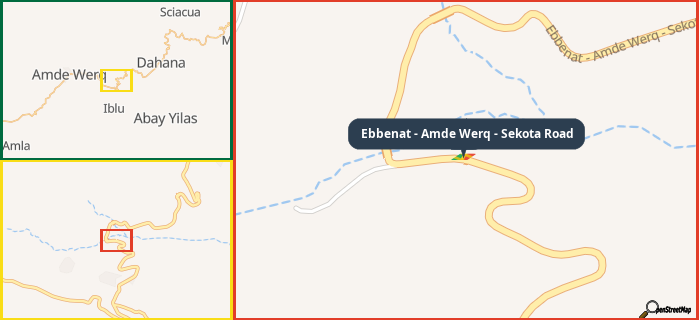 Map showing the address of Ebbenat - Amde Werq - Sekota Road in three different zoom levels.