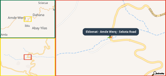 Map showing the address of Ebbenat - Amde Werq - Sekota Road in three different zoom levels.