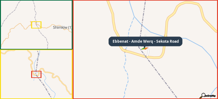 Map showing the address of Ebbenat - Amde Werq - Sekota Road in three different zoom levels.