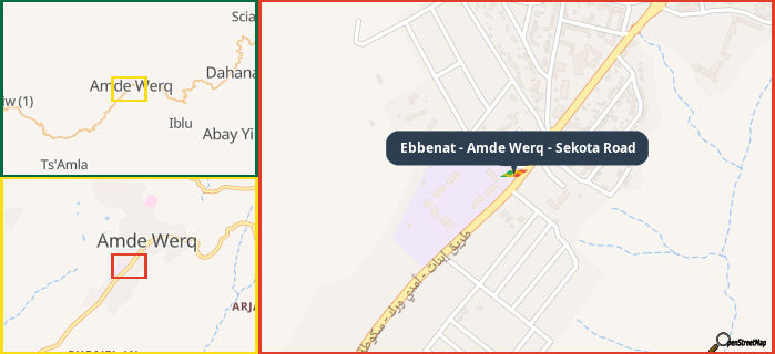Map showing the address of Ebbenat - Amde Werq - Sekota Road in three different zoom levels.