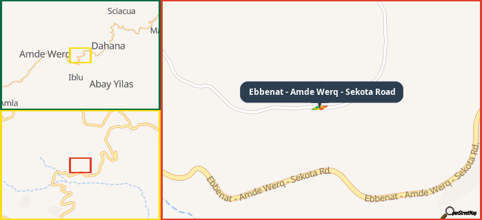 Map showing the address of Ebbenat - Amde Werq - Sekota Road in three different zoom levels.