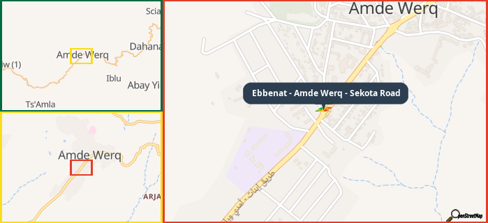 Map showing the address of Ebbenat - Amde Werq - Sekota Road in three different zoom levels.