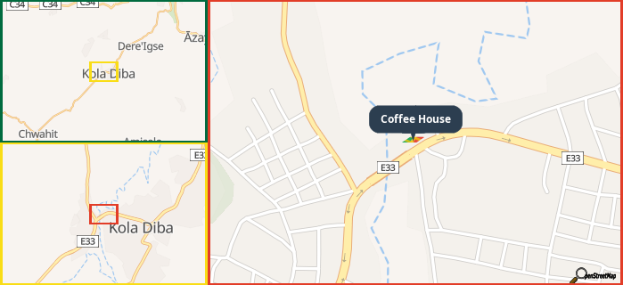 Map showing the address of Coffee House in three different zoom levels.