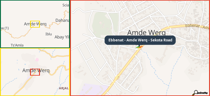 Map showing the address of Ebbenat - Amde Werq - Sekota Road in three different zoom levels.