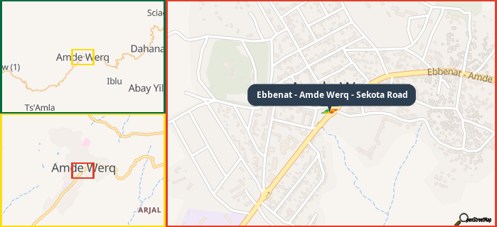 Map showing the address of Ebbenat - Amde Werq - Sekota Road in three different zoom levels.