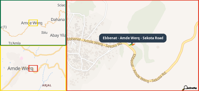 Map showing the address of Ebbenat - Amde Werq - Sekota Road in three different zoom levels.
