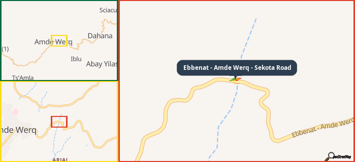 Map showing the address of Ebbenat - Amde Werq - Sekota Road in three different zoom levels.