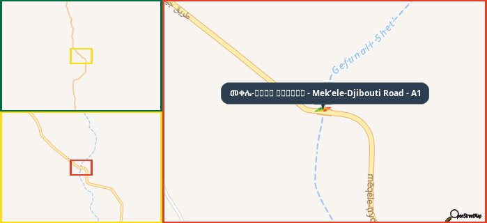 Map showing the address of መቀሌ-طريق جيبوتي - Mek’ele-Djibouti Road - A1 in three different zoom levels.