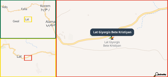 Map showing the address of Lat Giyorgis Bete Kristiyan in three different zoom levels.