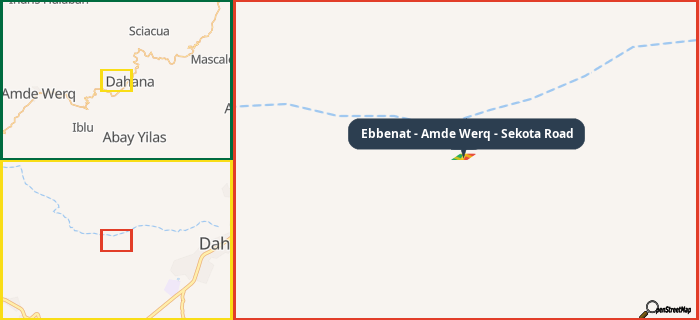 Map showing the address of Ebbenat - Amde Werq - Sekota Road in three different zoom levels.