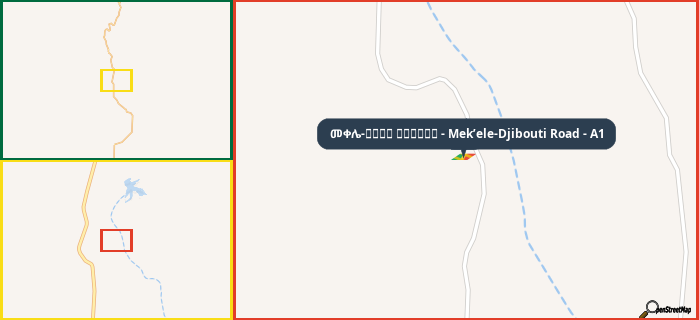 Map showing the address of መቀሌ-طريق جيبوتي - Mek’ele-Djibouti Road - A1 in three different zoom levels.
