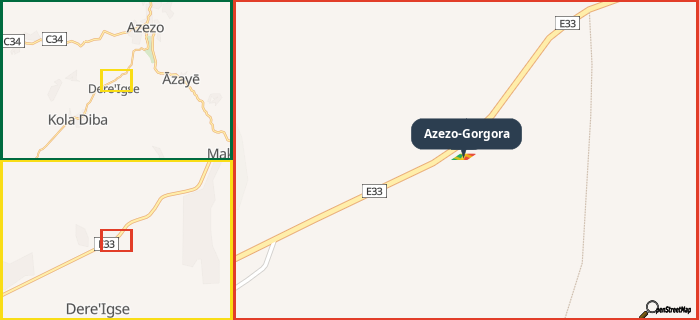 Map showing the address of Azezo-Gorgora in three different zoom levels.