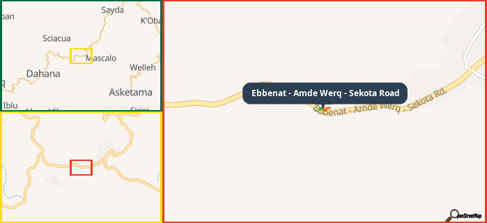 Map showing the address of Ebbenat - Amde Werq - Sekota Road in three different zoom levels.