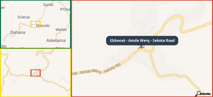 Map showing the address of Ebbenat - Amde Werq - Sekota Road in three different zoom levels.