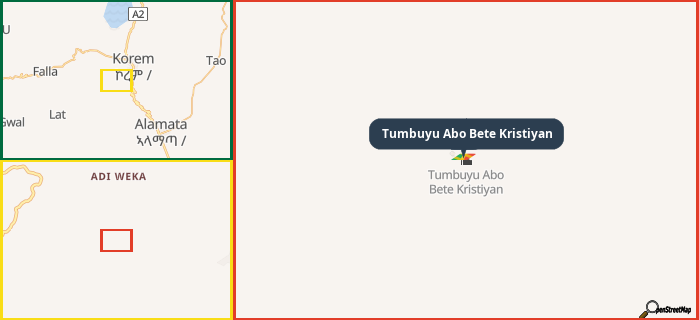 Map showing the address of Tumbuyu Abo Bete Kristiyan in three different zoom levels.