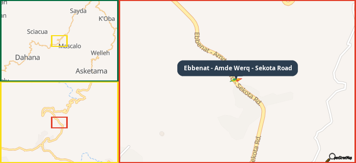 Map showing the address of Ebbenat - Amde Werq - Sekota Road in three different zoom levels.