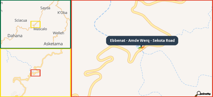 Map showing the address of Ebbenat - Amde Werq - Sekota Road in three different zoom levels.