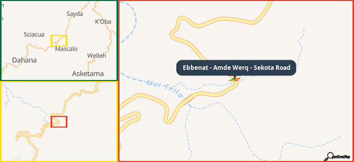 Map showing the address of Ebbenat - Amde Werq - Sekota Road in three different zoom levels.