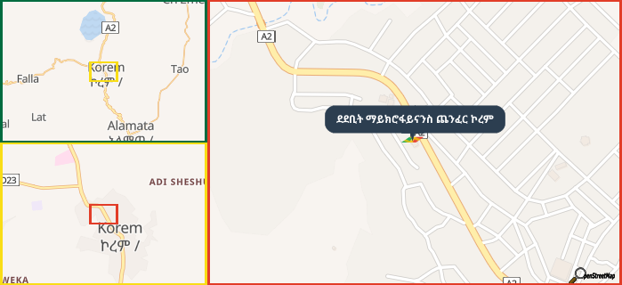 Map showing the address of ደደቢት ማይክሮፋይናንስ ጨንፈር ኮረም in three different zoom levels.