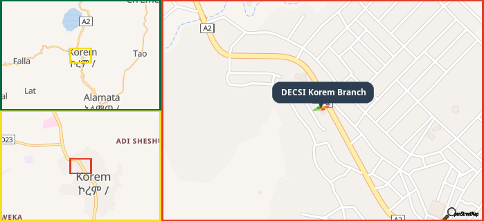 Map showing the address of DECSI Korem Branch in three different zoom levels.
