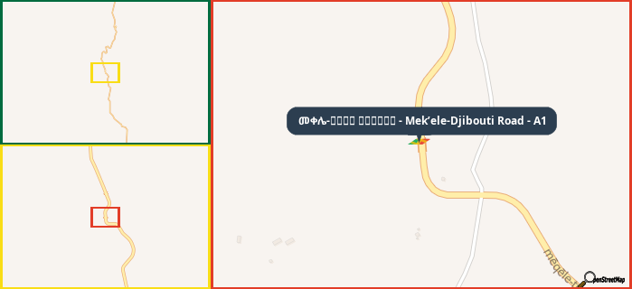 Map showing the address of መቀሌ-طريق جيبوتي - Mek’ele-Djibouti Road - A1 in three different zoom levels.