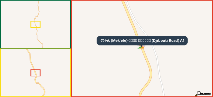 Map showing the address of መቀሌ (Mek’ele)-طريق جيبوتي (Djibouti Road) A1 in three different zoom levels.