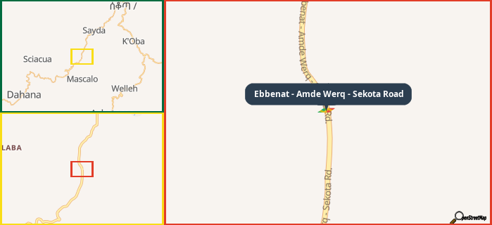 Map showing the address of Ebbenat - Amde Werq - Sekota Road in three different zoom levels.
