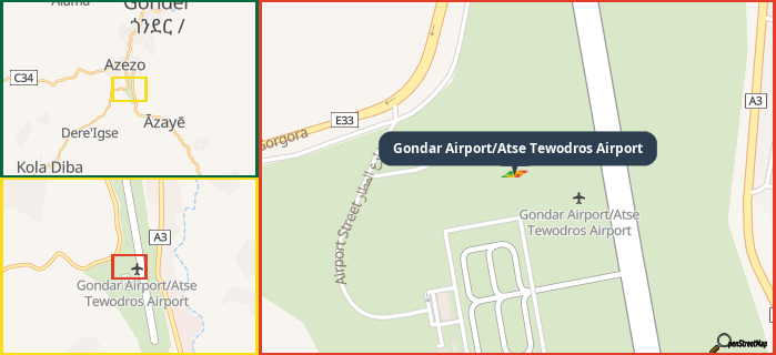 Map showing the address of Gondar Airport/Atse Tewodros Airport in three different zoom levels.