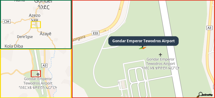 Map showing the address of Gondar Emperor Tewodros Airport in three different zoom levels.
