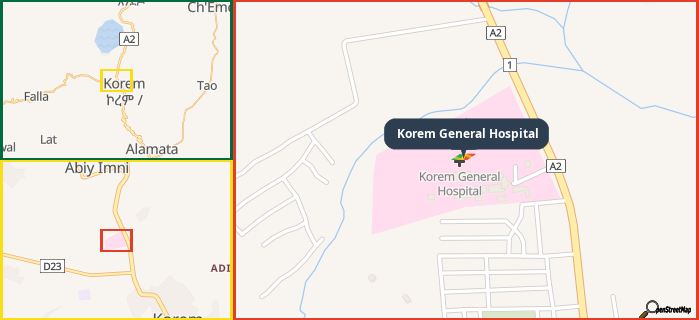 Map showing the address of Korem General Hospital in three different zoom levels.