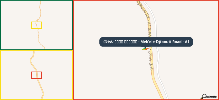 Map showing the address of መቀሌ-طريق جيبوتي - Mek’ele-Djibouti Road - A1 in three different zoom levels.