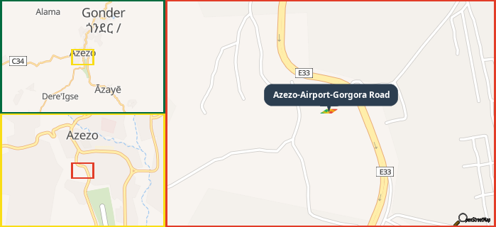 Map showing the address of Azezo-Airport-Gorgora Road in three different zoom levels.