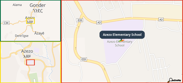 Map showing the address of Azezo Elementary School in three different zoom levels.
