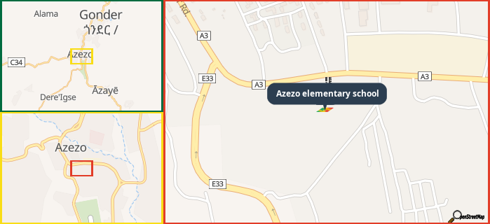 Map showing the address of Azezo elementary school in three different zoom levels.