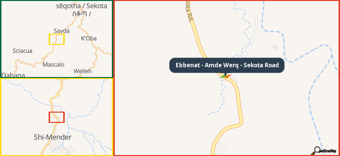 Map showing the address of Ebbenat - Amde Werq - Sekota Road in three different zoom levels.