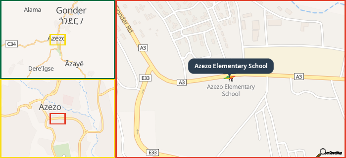Map showing the address of Azezo Elementary School in three different zoom levels.