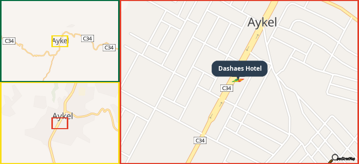 Map showing the address of Dashaes Hotel in three different zoom levels.