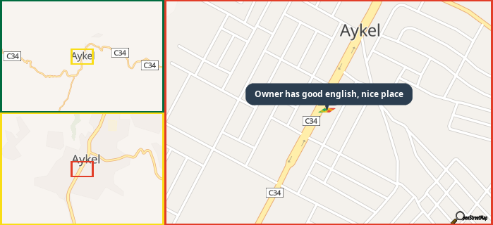 Map showing the address of Owner has good english, nice place in three different zoom levels.