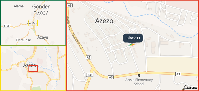 Map showing the address of Block 11 in three different zoom levels.