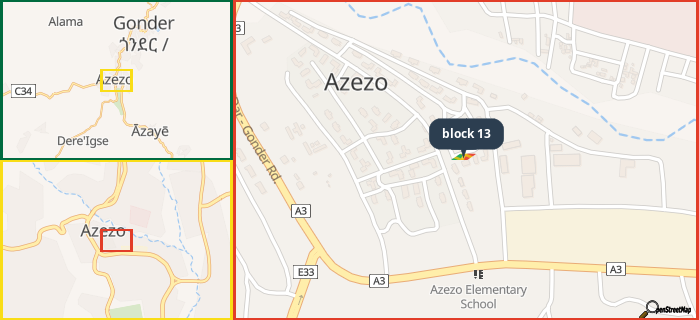 Map showing the address of block 13 in three different zoom levels.