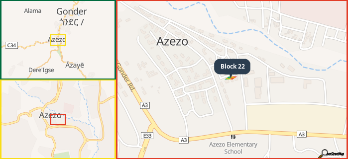 Map showing the address of Block 22 in three different zoom levels.