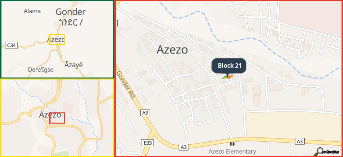 Map showing the address of Block 21 in three different zoom levels.