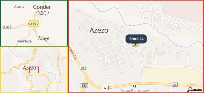 Map showing the address of Block 24 in three different zoom levels.