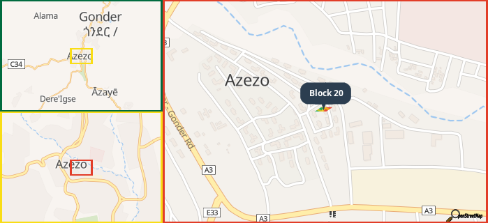 Map showing the address of Block 20 in three different zoom levels.