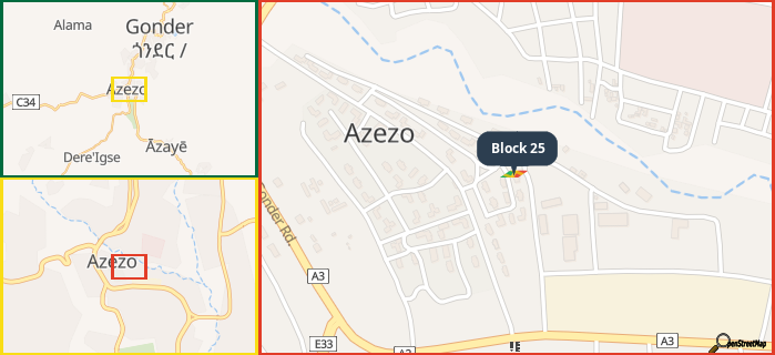 Map showing the address of Block 25 in three different zoom levels.