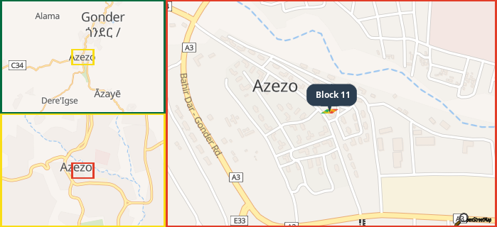 Map showing the address of Block 11 in three different zoom levels.