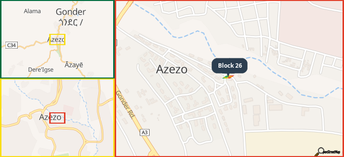 Map showing the address of Block 26 in three different zoom levels.